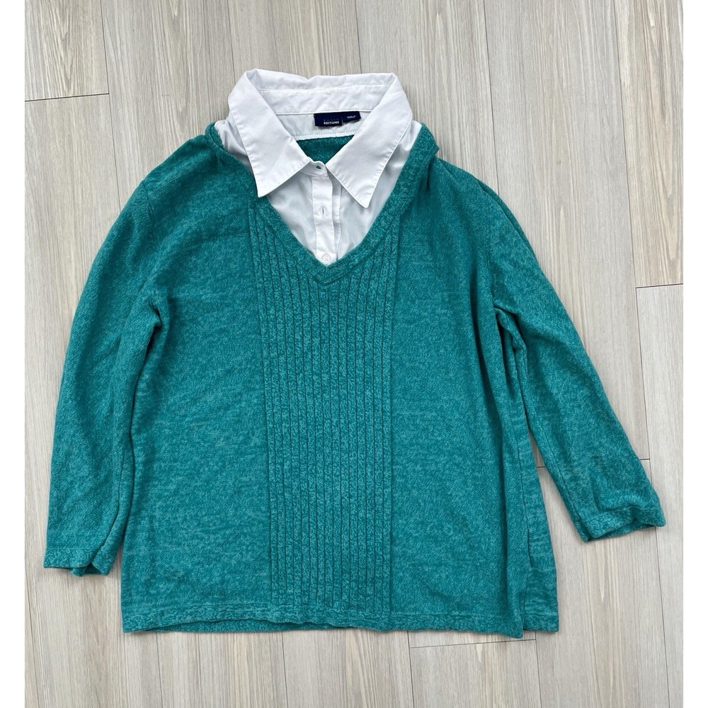Basic Editions Teal Knit V-Neck 3/4 Sleeve Collar Insert Pullover Sweater Sz XXL
